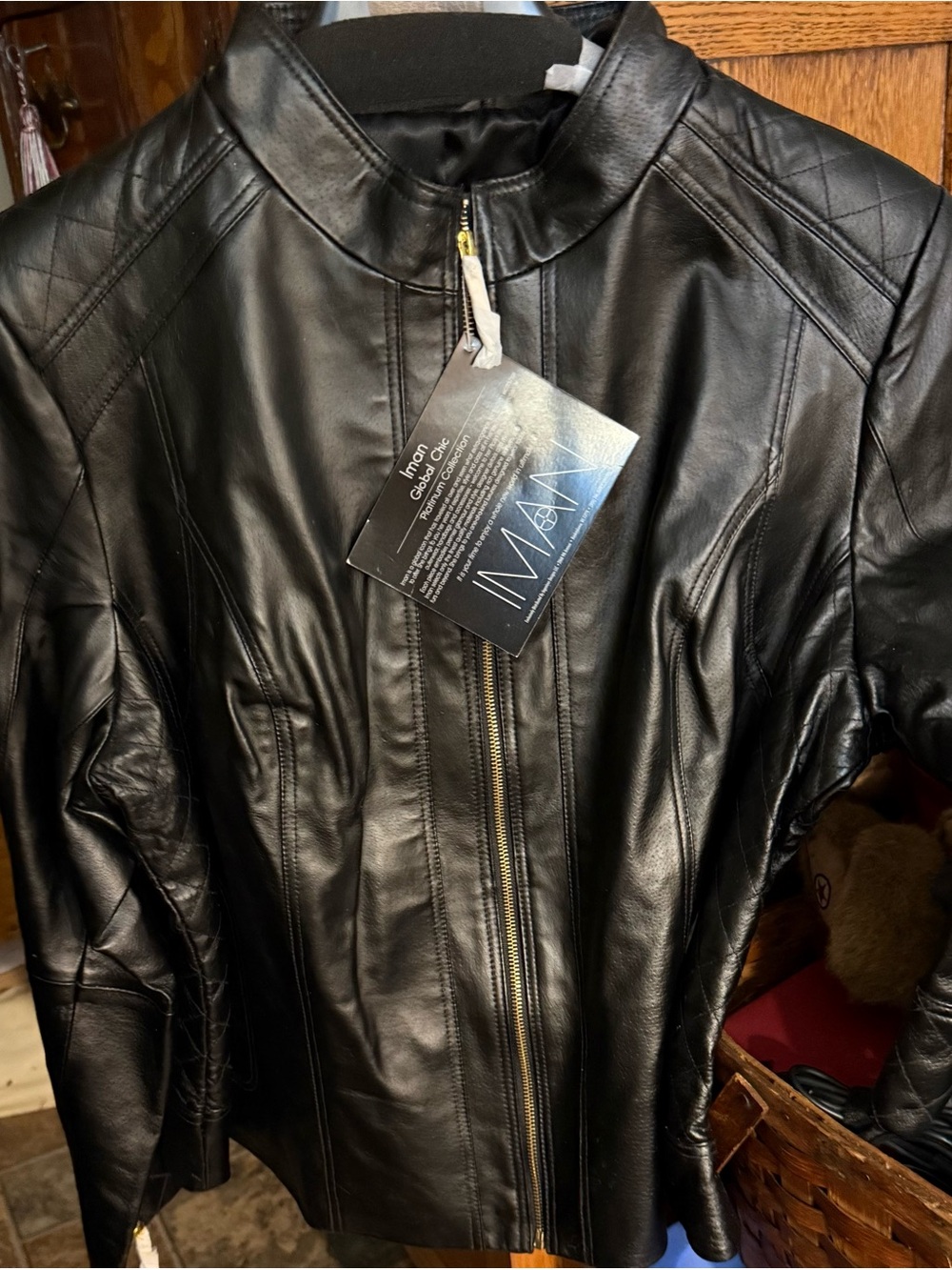 IMAN Black Genuine Leather Zip-Up Women's Jacket with Stand Collar